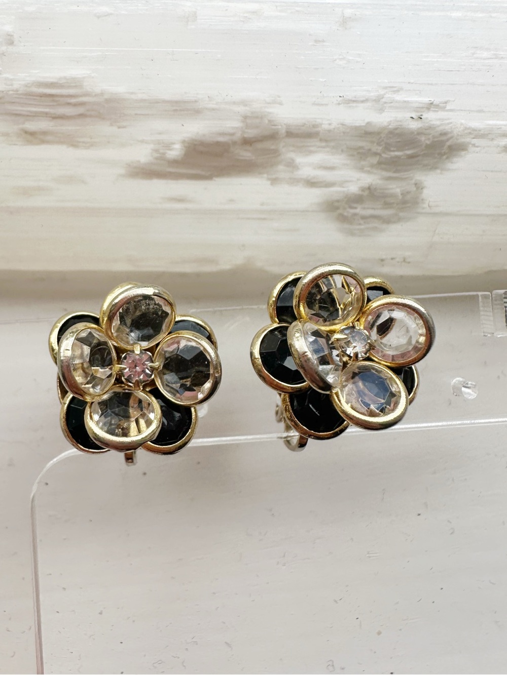 Gold Tone Black and Clear Clip On Earrings